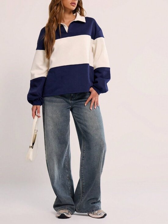 Tops - Navy Blue Casual Women's Striped Jersey Sweatshirt